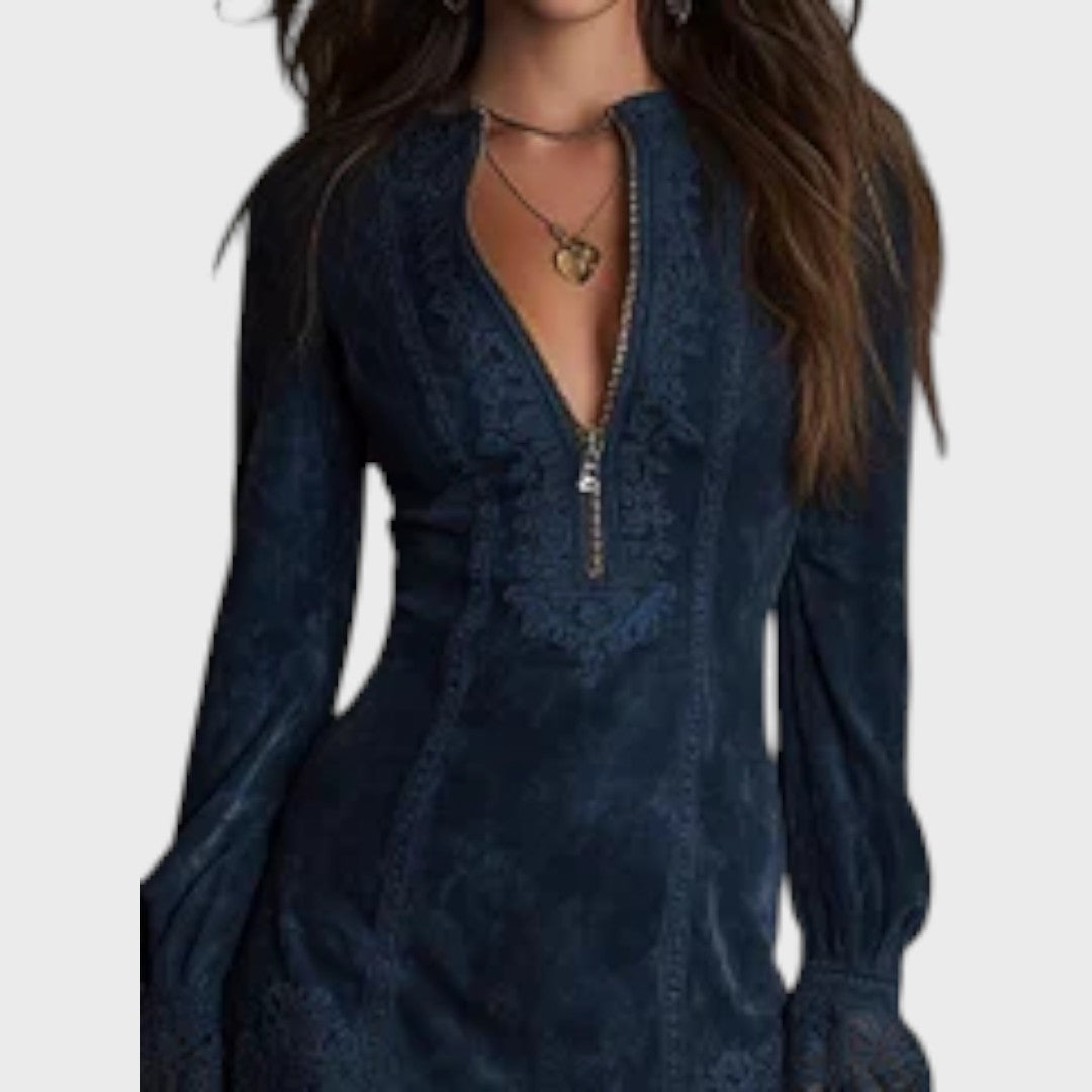 RACHEL™|MINI ABITO IN CAMOSCIO BLU CON PIZZO