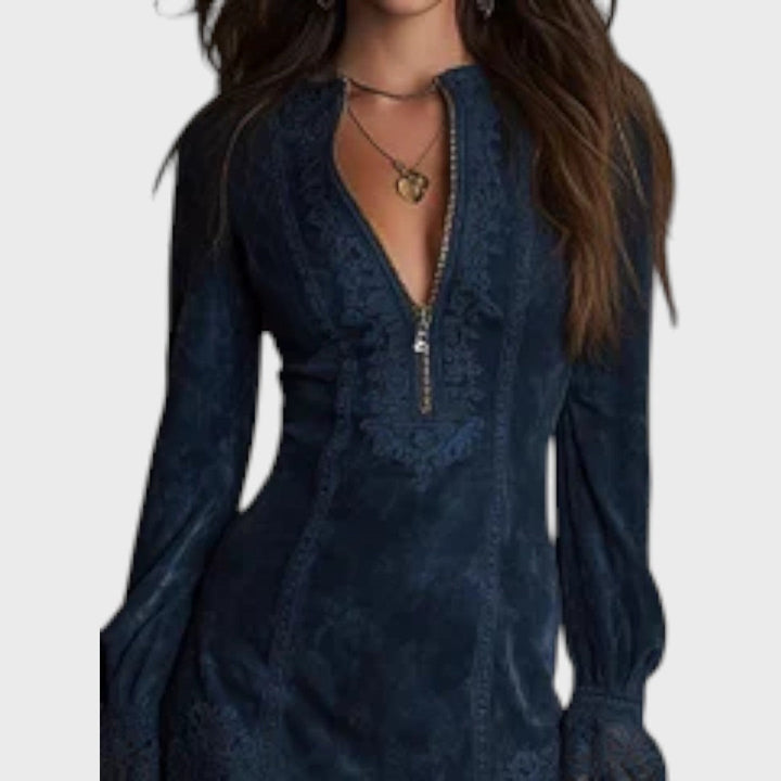 RACHEL™|MINI ABITO IN CAMOSCIO BLU CON PIZZO