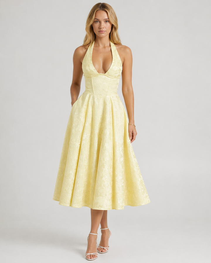 LYSANDRA™|VESTITO MIDI CON SCOLLO HALTER E GONNA AMPIA JACQUARD