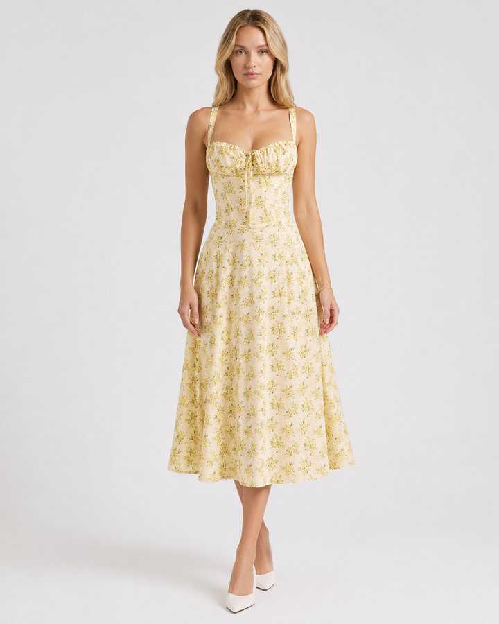 GINEVRA™|VESTITO MIDI FLOREALE CON CORPETTO ARRICCIATO