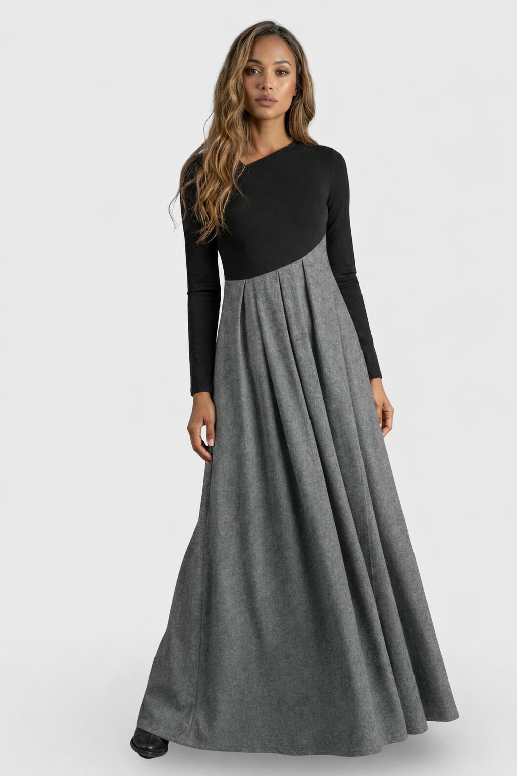 ELVARIS™|VESTITO LUNGO CONTRASTO BICOLOR CON GONNA AMPIA