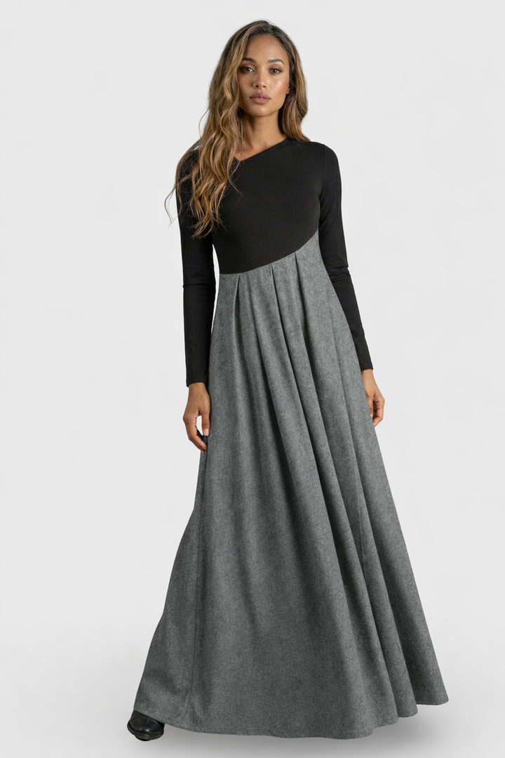 ELVARIS™|VESTITO LUNGO CONTRASTO BICOLOR CON GONNA AMPIA