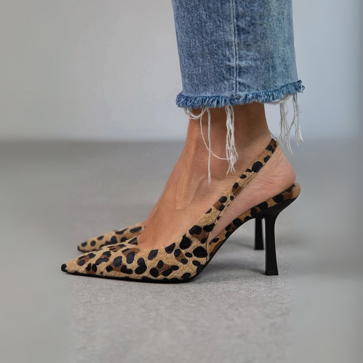 SEDA™|SCARPE CON TACCO A SPILLO COLOR CACHI CON PUNTA AFFUSOLATA E STAMPA LEOPARDATA