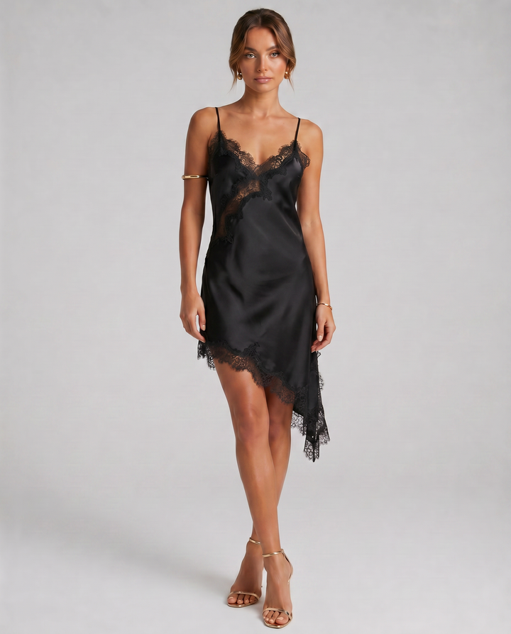 NOCTYRA™|VESTITO SATINATO ASIMMETRICO CON PIZZO ELEGANTE