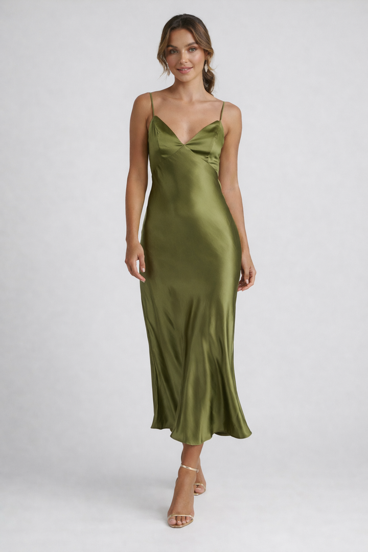 SERELYN™|VESTITO MIDI SATINATO SPALLINE SOTTILI CELESTE
