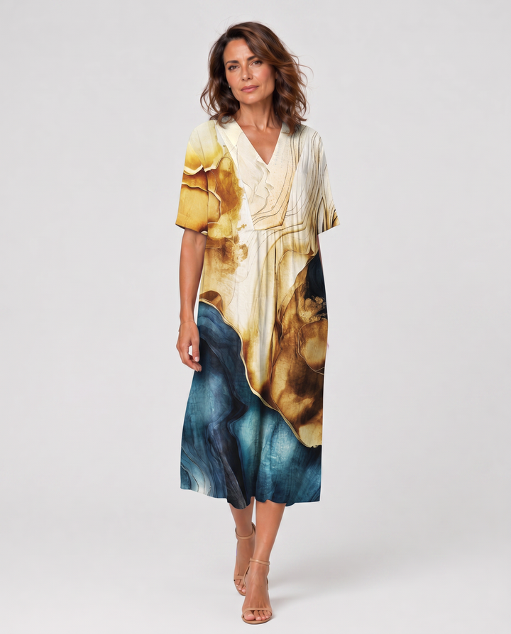 FIORALE™|VESTITO MIDI STAMPATO CON LINEA FLUIDA