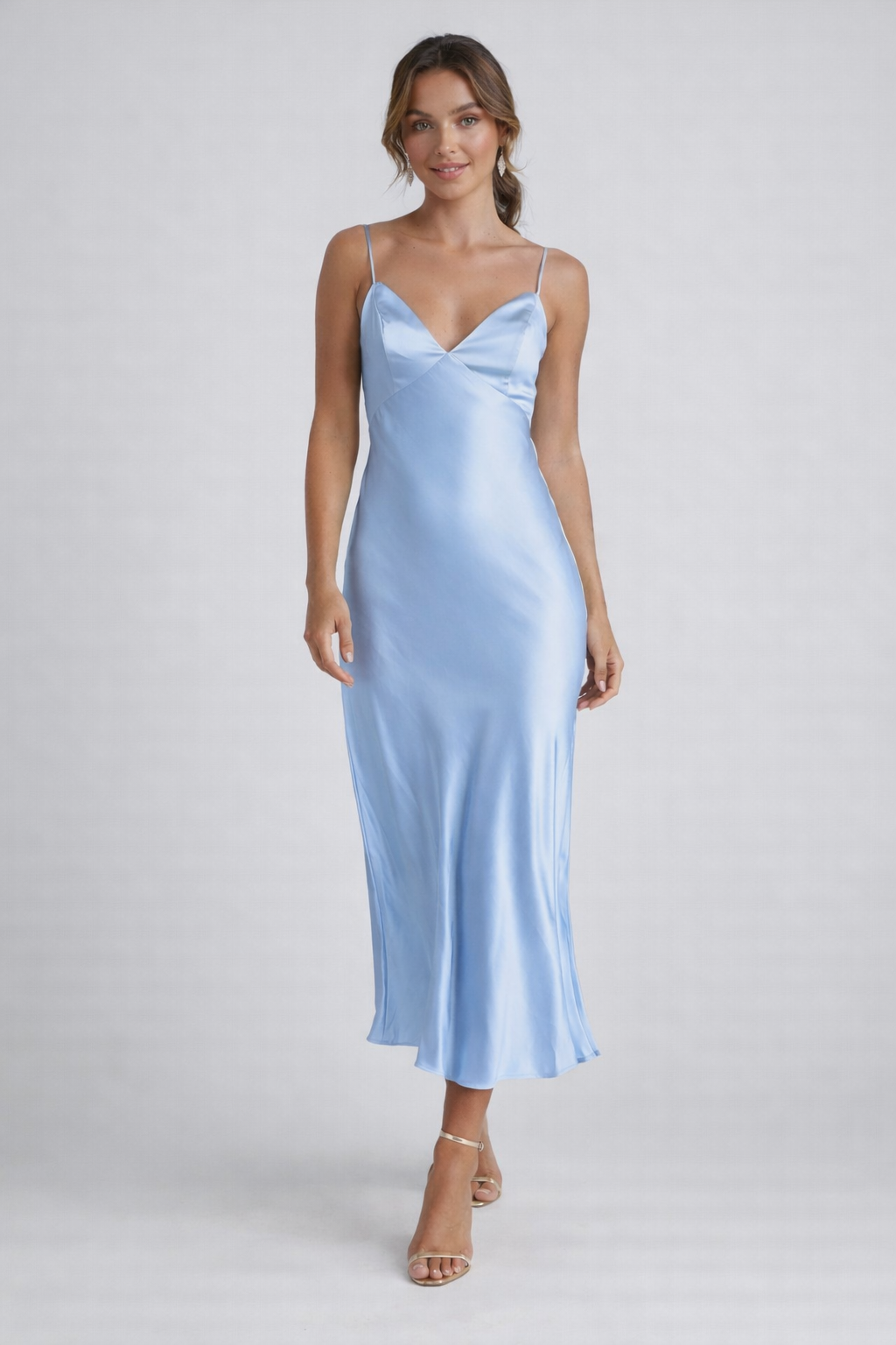 SERELYN™|VESTITO MIDI SATINATO SPALLINE SOTTILI CELESTE