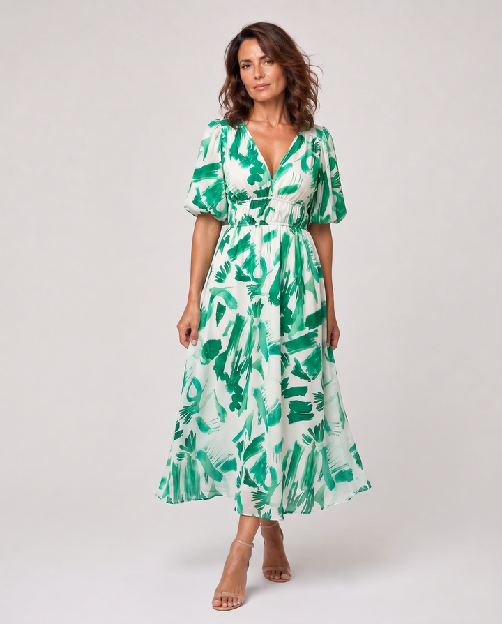 SERENA™|VESTITO MIDI FLUIDO CON SCOLLO A V E MANICHE MORBIDE