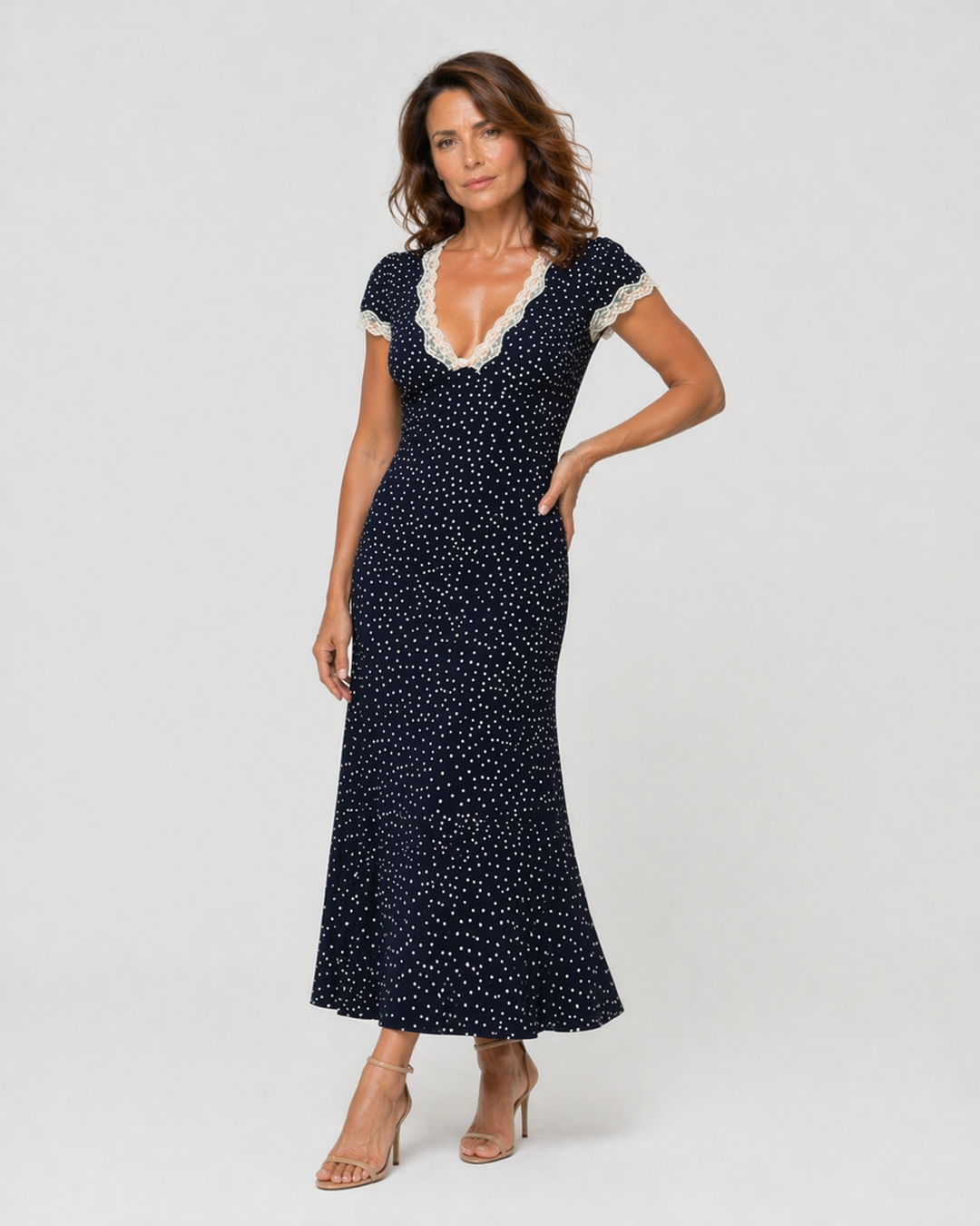 SOFIA™|VESTITO LUNGO A POIS CON SCOLLO IN PIZZO
