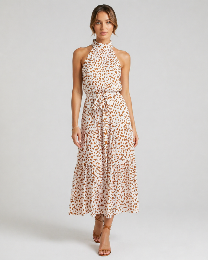ALBA™|VESTITO MIDI HALTER CON STAMPA A POIS E CINTURA REGOLABILE