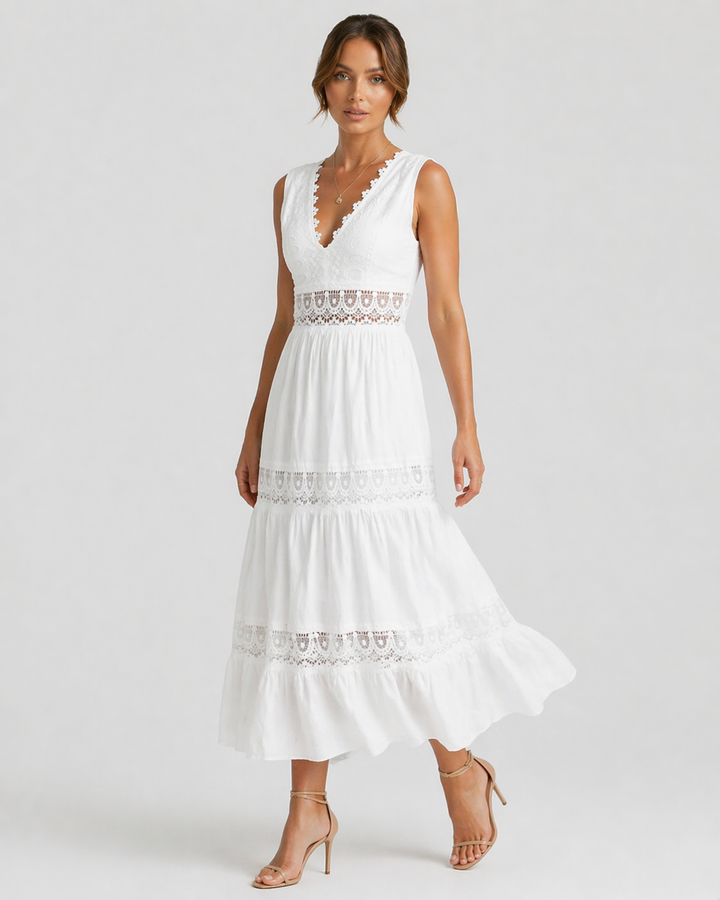 SERAPHYNE™|VESTITO MIDI IN PIZZO CON SCOLLO A V E BALZE