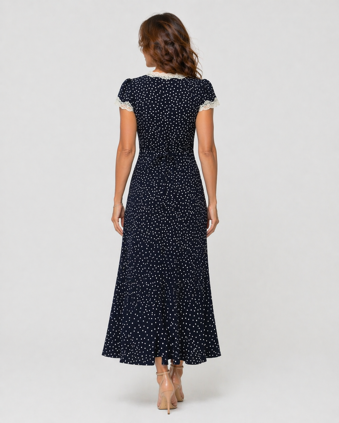 SOFIA™|VESTITO LUNGO A POIS CON SCOLLO IN PIZZO