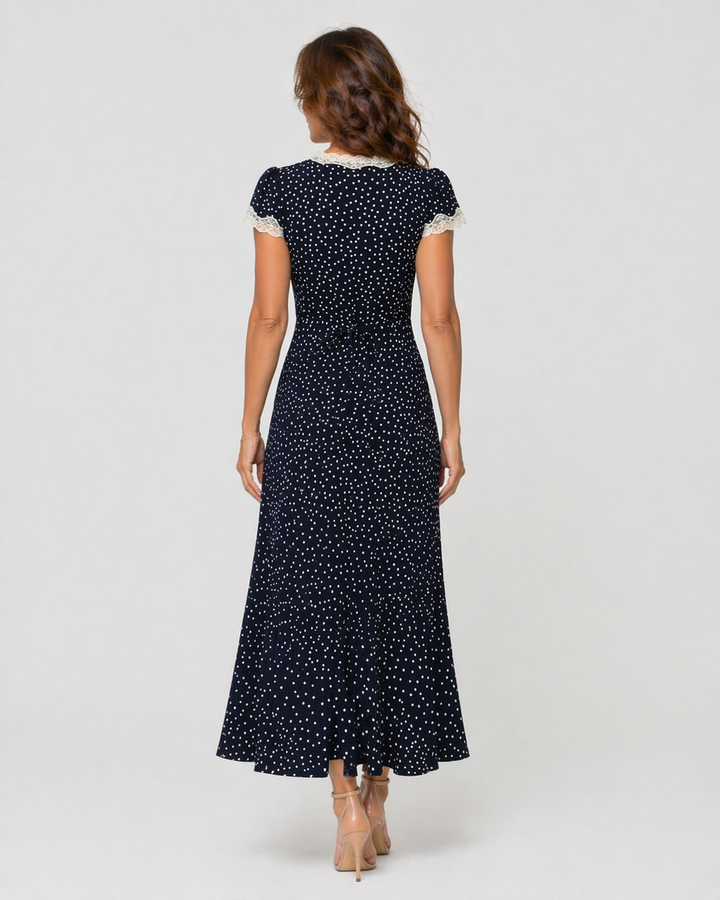 SOFIA™|VESTITO LUNGO A POIS CON SCOLLO IN PIZZO