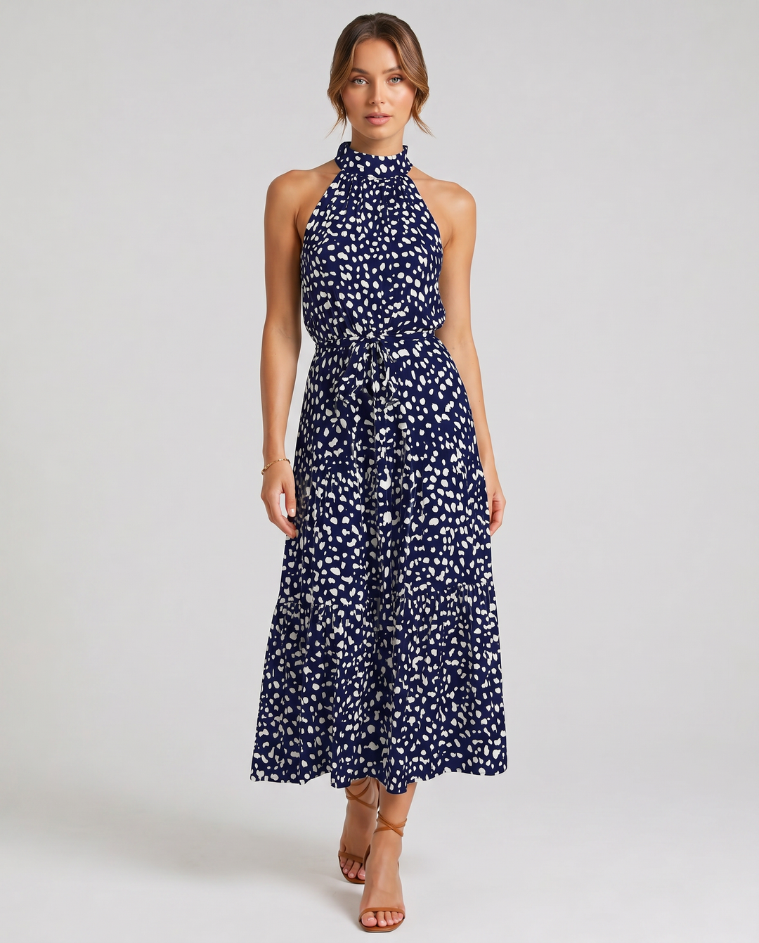 ALBA™|VESTITO MIDI HALTER CON STAMPA A POIS E CINTURA REGOLABILE