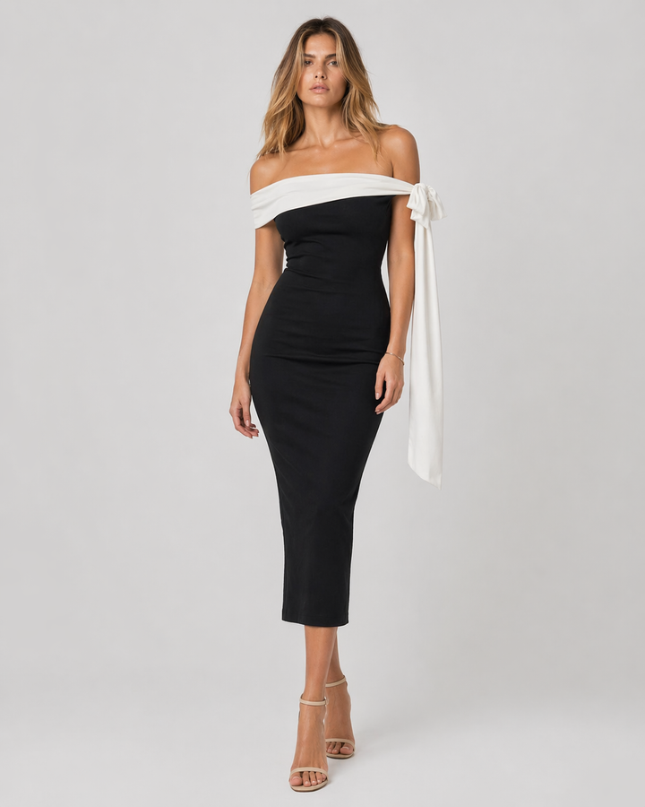 ALESSIA™|VESTITO MIDI OFF-SHOULDER CON FIOCCO