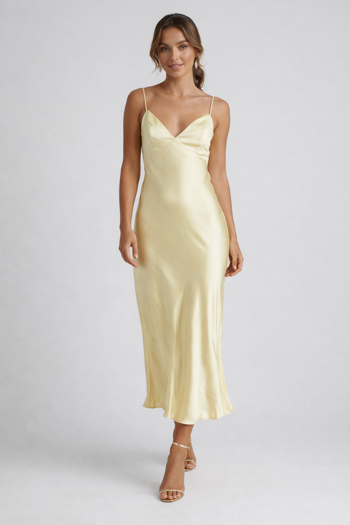 SERELYN™|VESTITO MIDI SATINATO SPALLINE SOTTILI CELESTE