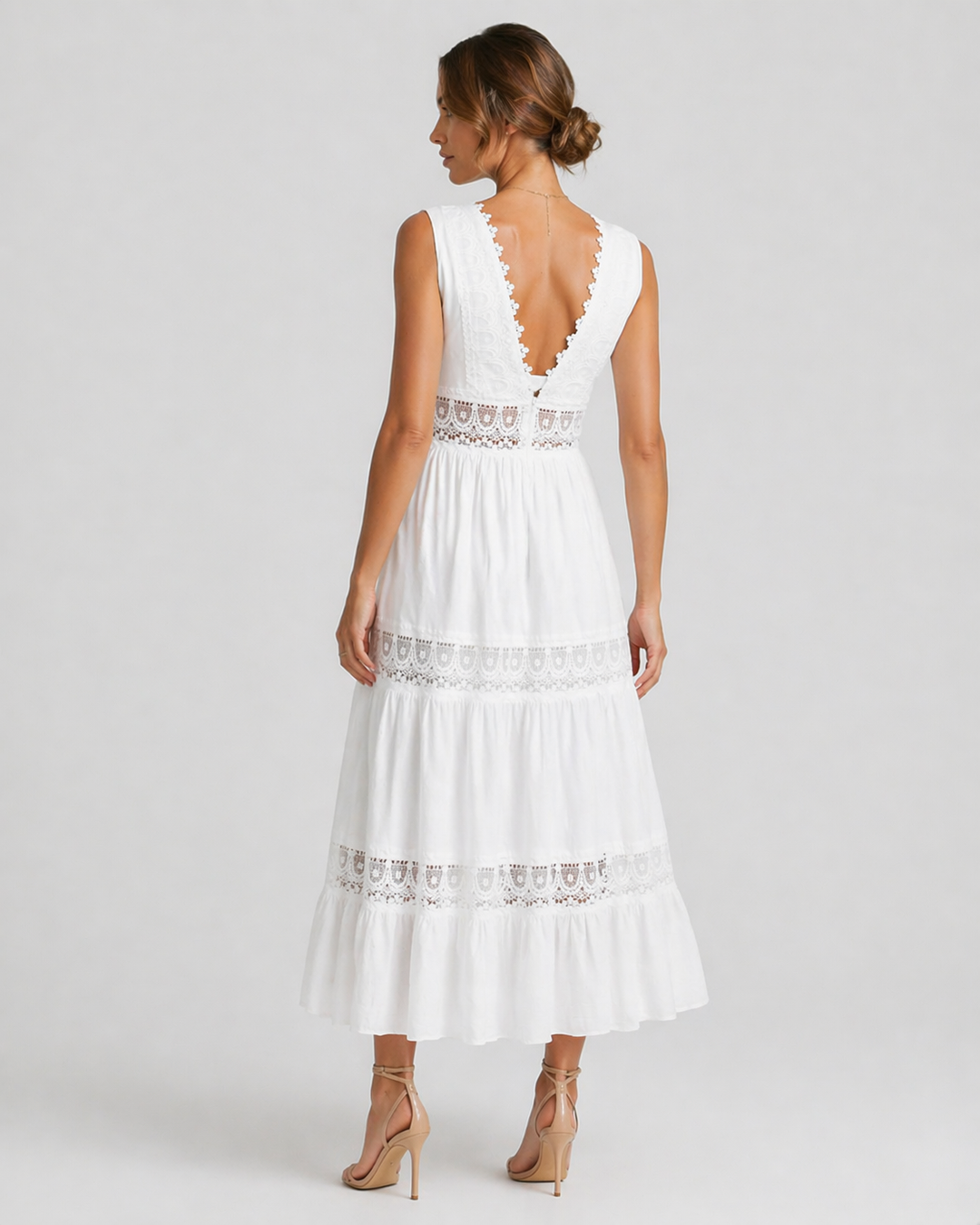 SERAPHYNE™|VESTITO MIDI IN PIZZO CON SCOLLO A V E BALZE