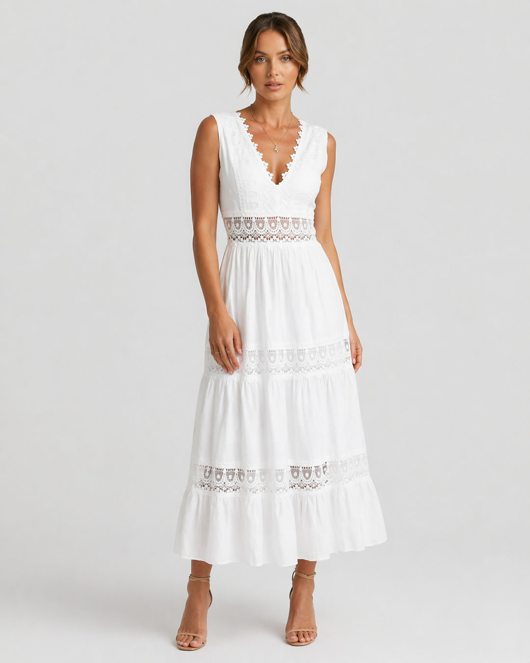 SERAPHYNE™|VESTITO MIDI IN PIZZO CON SCOLLO A V E BALZE