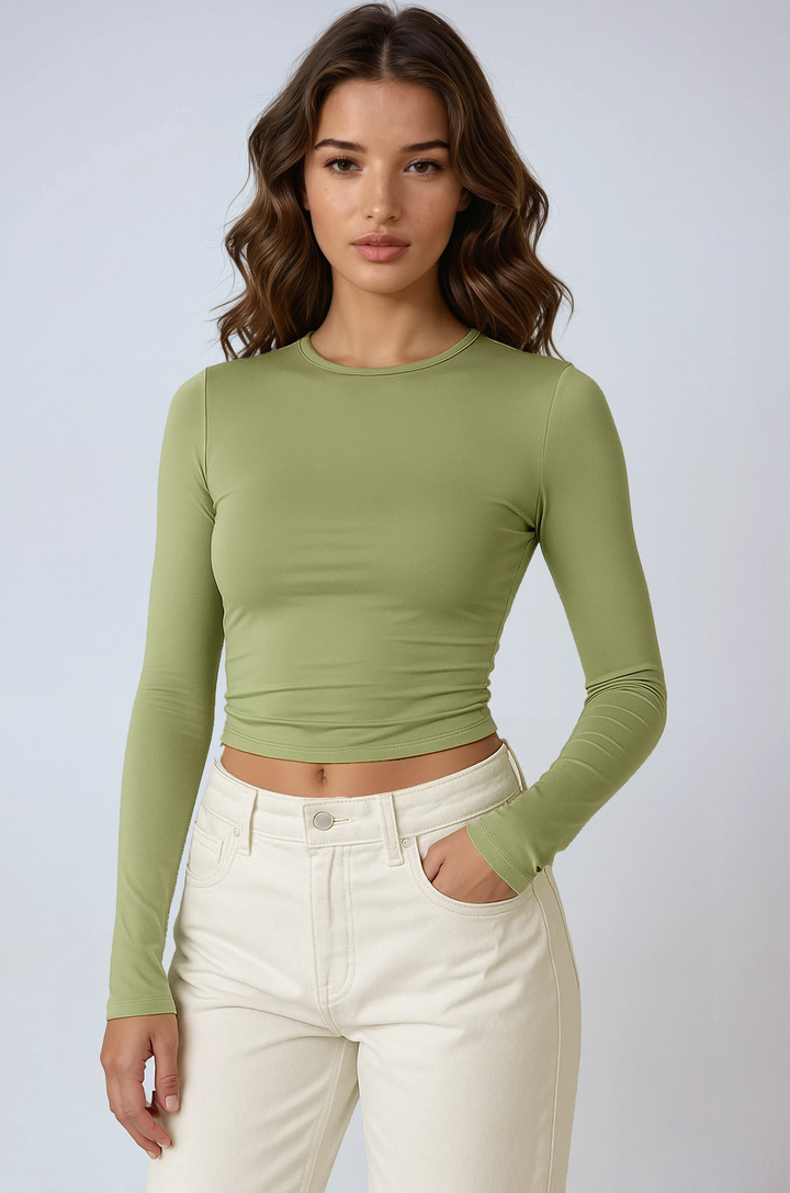 NORA™|TOP A MANICHE LUNGHE ESSENZIALE ELASTICIZZATO