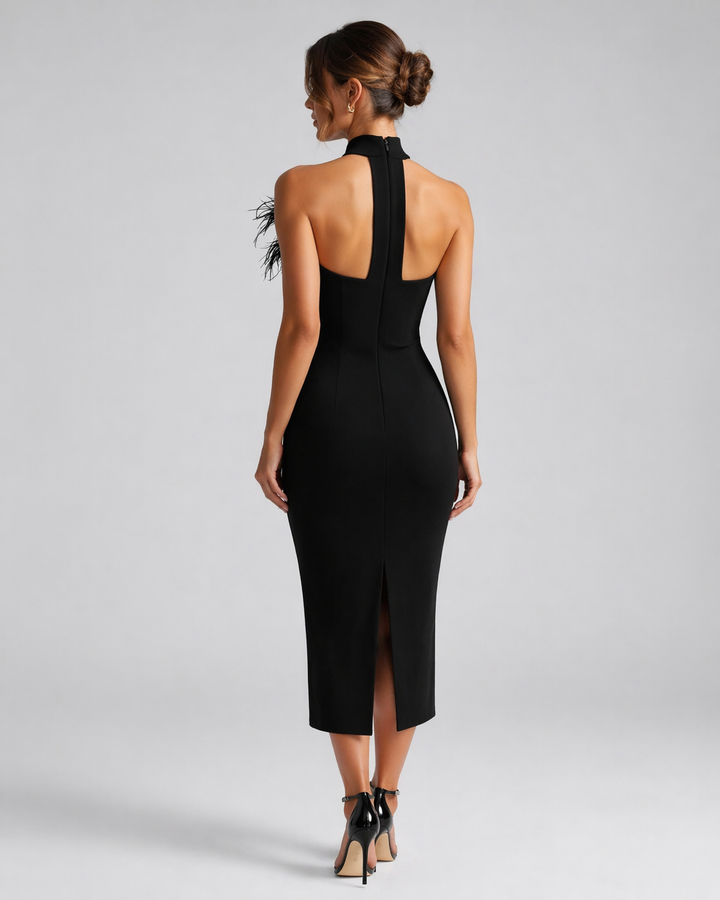 NOCTELIA™|VESTITO MIDI HALTER CON RICAMO FLORALE CRYSTAL