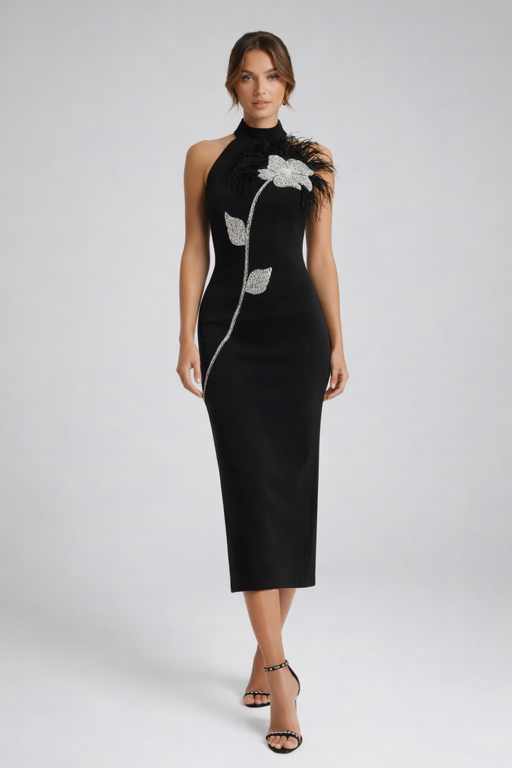 NOCTELIA™|VESTITO MIDI HALTER CON RICAMO FLORALE CRYSTAL