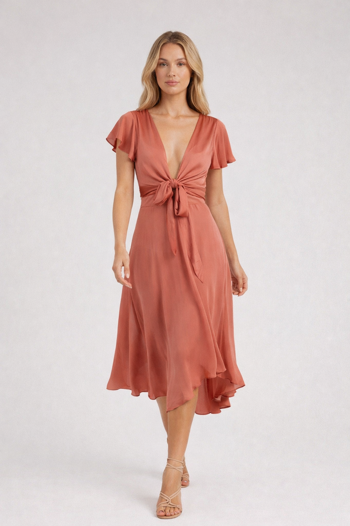ZELMIRA™|VESTITO MIDI FLUIDO CON FIOCCO E SCOLLO PROFONDO