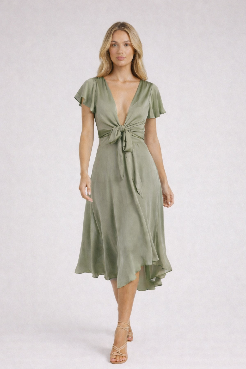 ZELMIRA™|VESTITO MIDI FLUIDO CON FIOCCO E SCOLLO PROFONDO