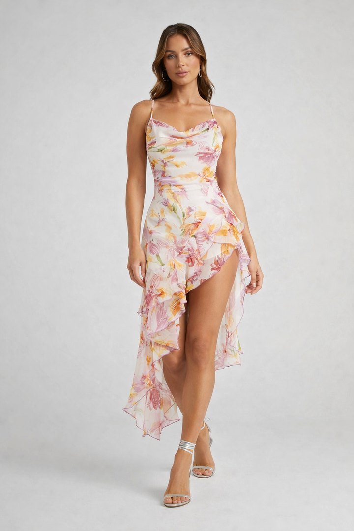 ELVIREA™|VESTITO ASIMMETRICO FLOREALE CON VOLANT LEGGERI