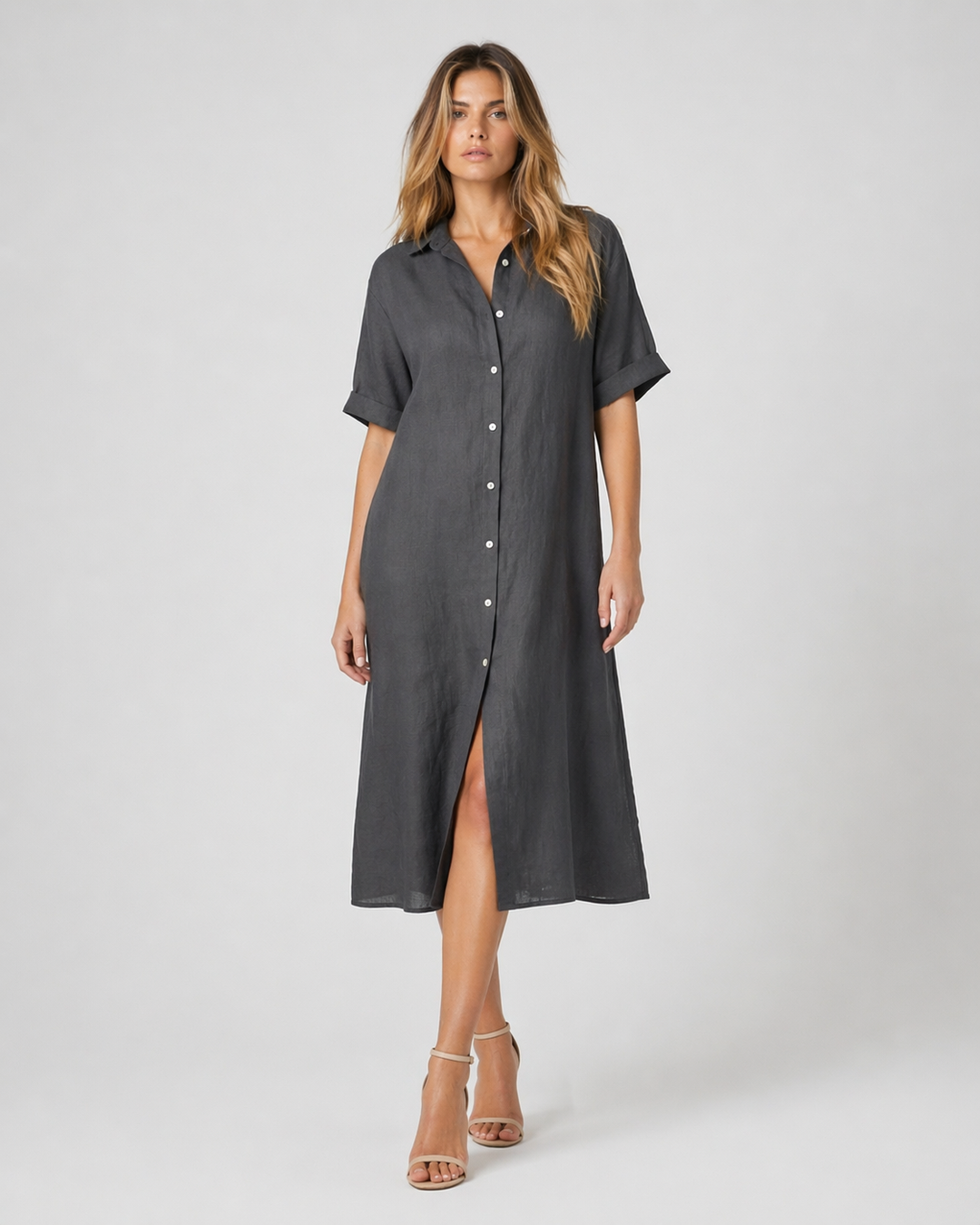 VELMYRA™|VESTITO CAMICIA MIDI FLUIDO CON BOTTONI MINIMAL