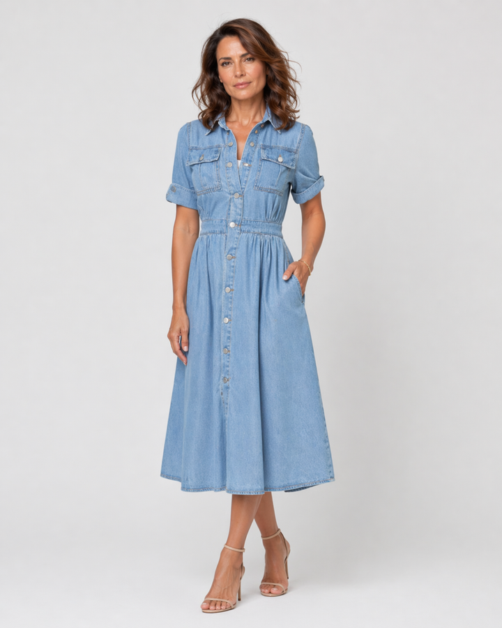SERENYVA™|VESTITO MIDI DENIM CON BOTTONI E VITA DEFINITA