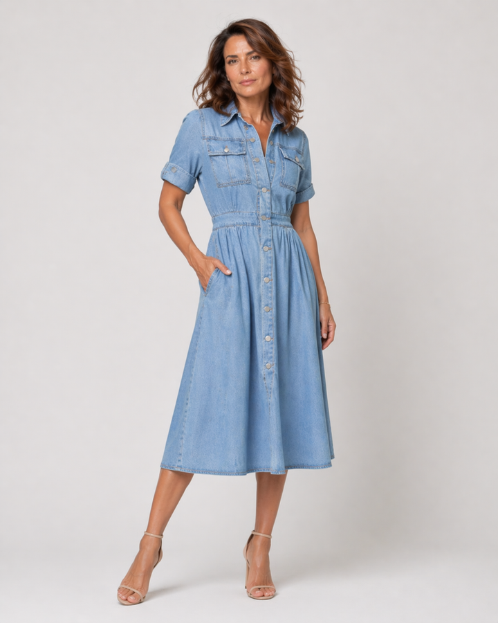 SERENYVA™|VESTITO MIDI DENIM CON BOTTONI E VITA DEFINITA
