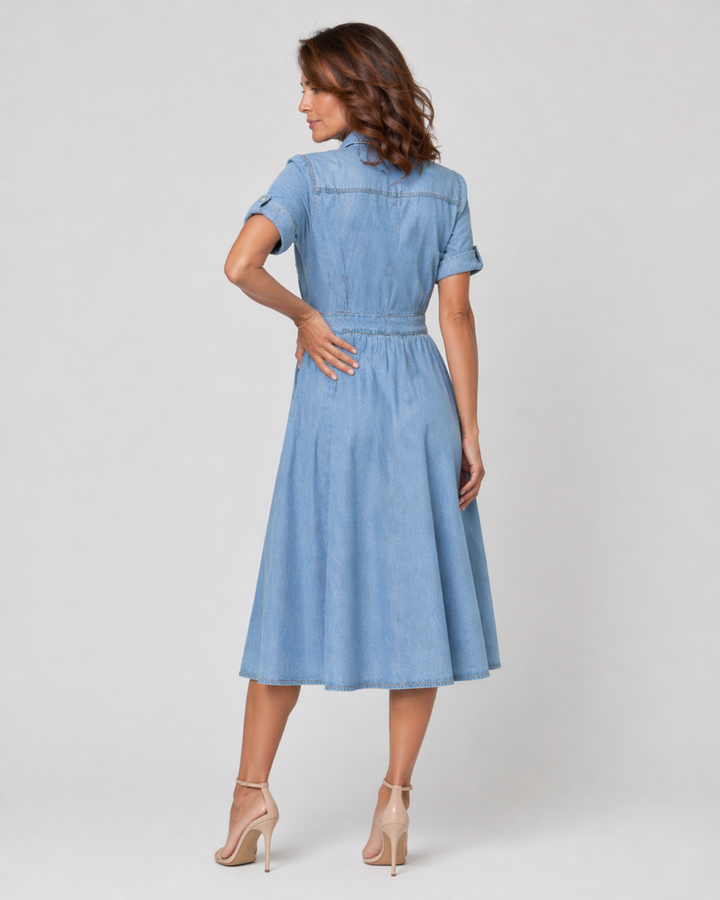 SERENYVA™|VESTITO MIDI DENIM CON BOTTONI E VITA DEFINITA