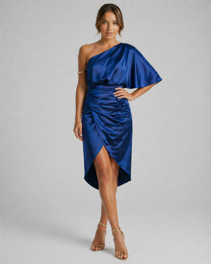 VALERIA™|VESTITO MONOSPALLA SATINATO CON DRAPPEGGIO