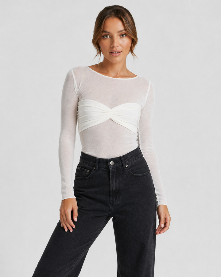 DALIA™|TOP A MANICHE LUNGHE IN TULLE CON DETTAGLIO DRAPPEGGIATO