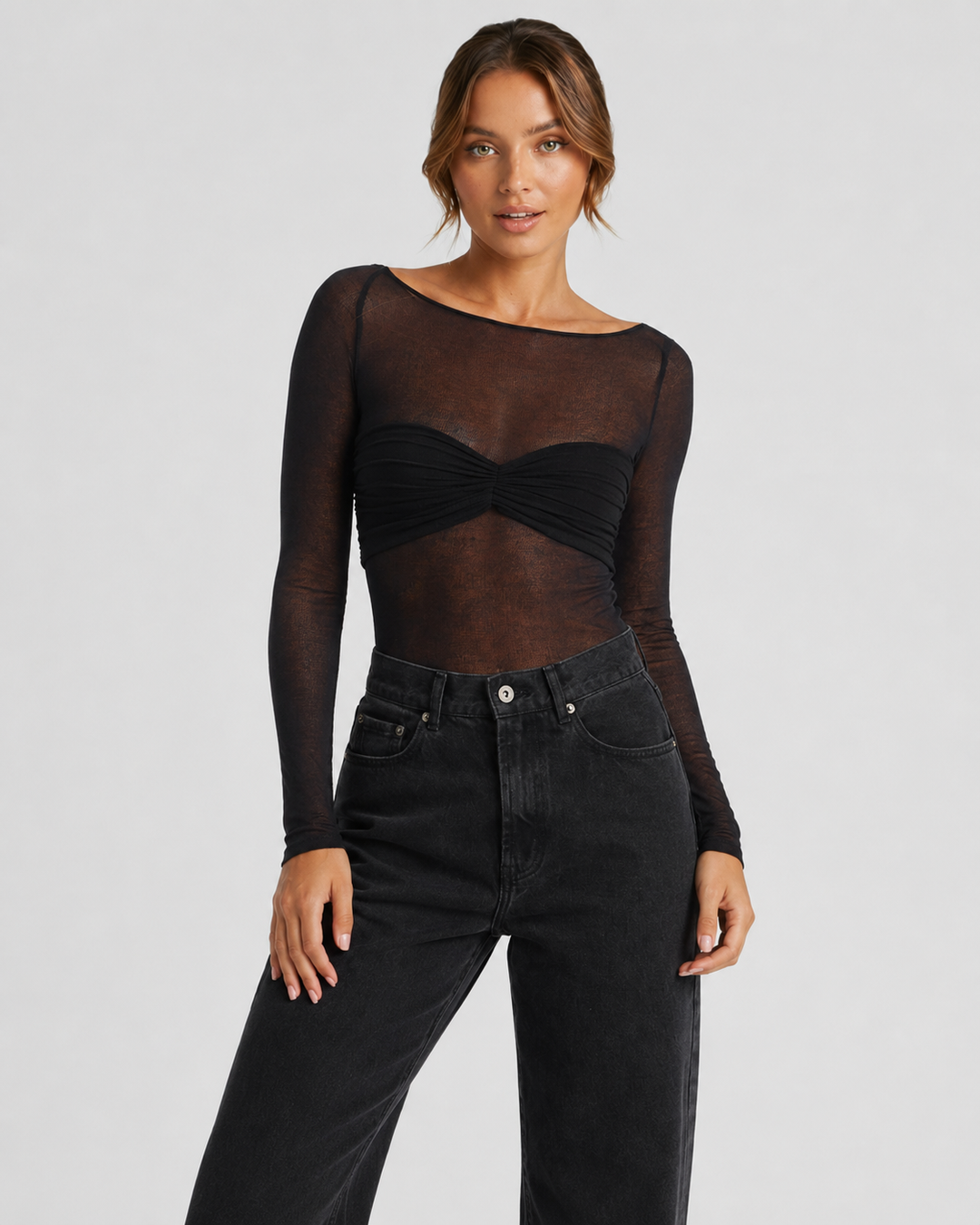 DALIA™|TOP A MANICHE LUNGHE IN TULLE CON DETTAGLIO DRAPPEGGIATO