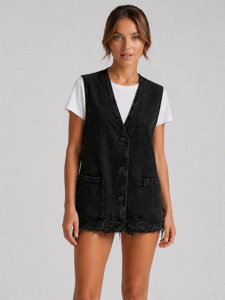 GIADA™|GILET IN DENIM SENZA MANICHE CON BOTTONI FRONTALI