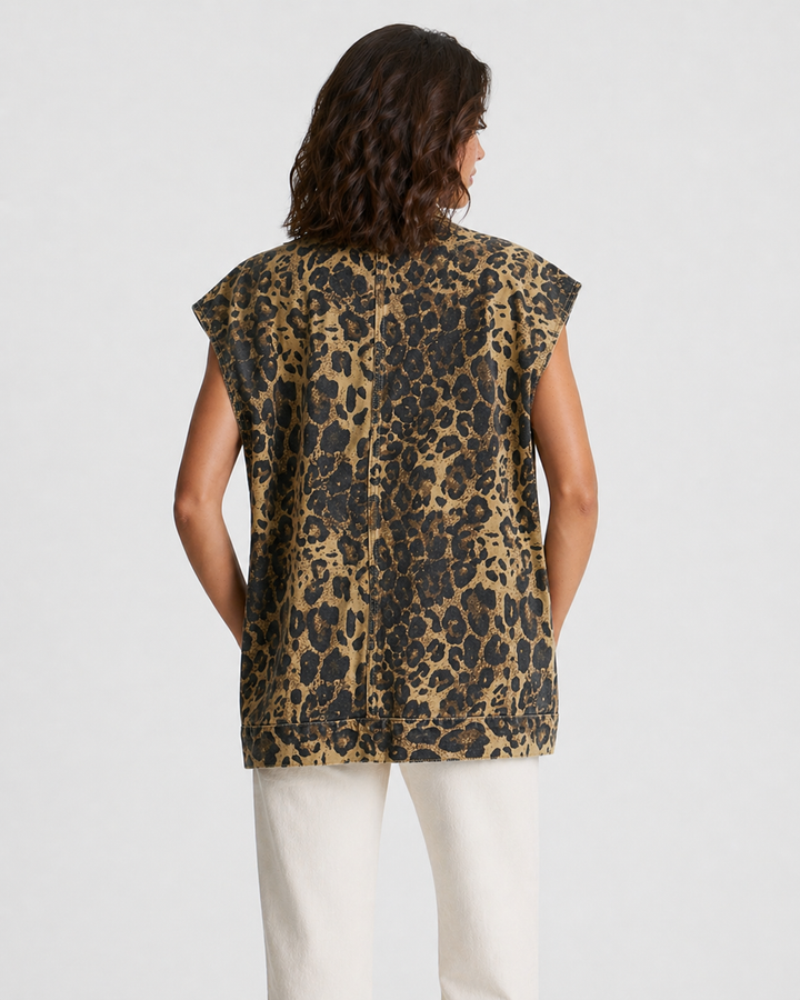 ALESSIA™|GILET ANIMALIER SENZA MANICHE CON BOTTONI E TASCHE UTILITY