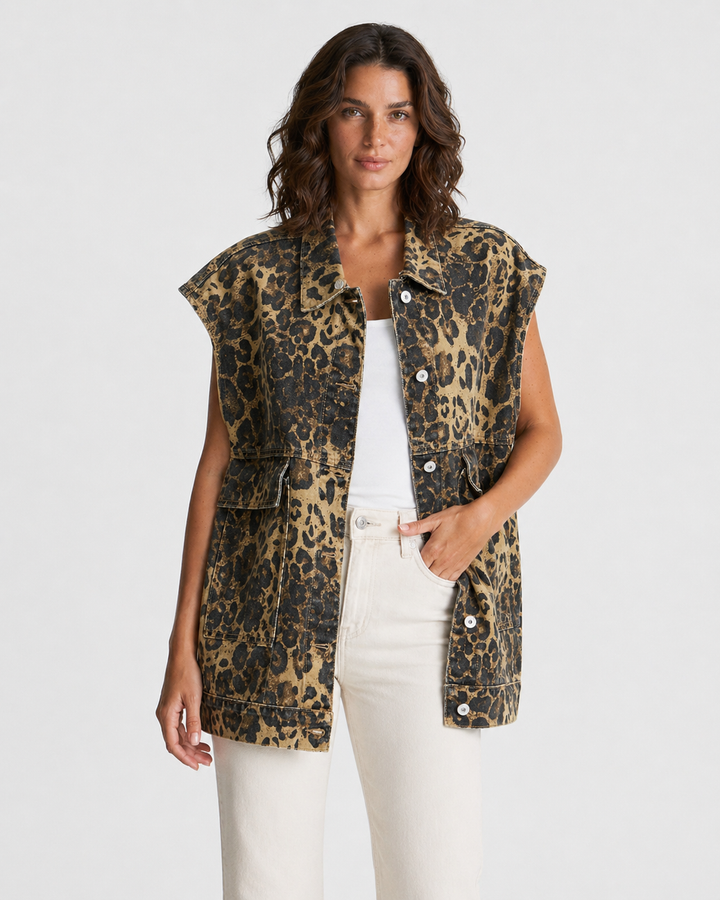 ALESSIA™|GILET ANIMALIER SENZA MANICHE CON BOTTONI E TASCHE UTILITY