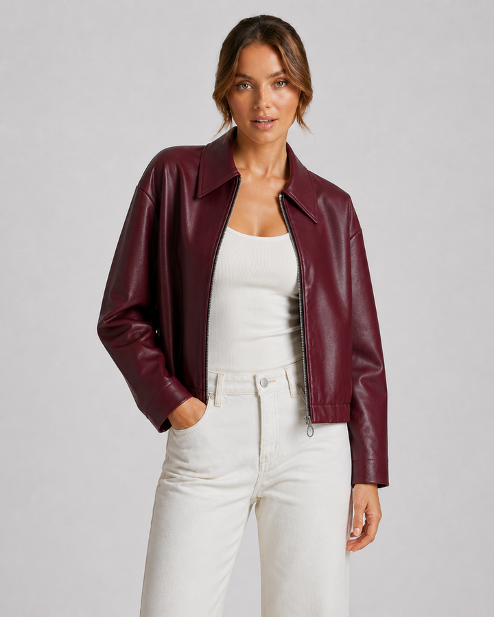 CONSTANZA™|GIACCA CORTA EFFETTO PELLE CON ZIP
