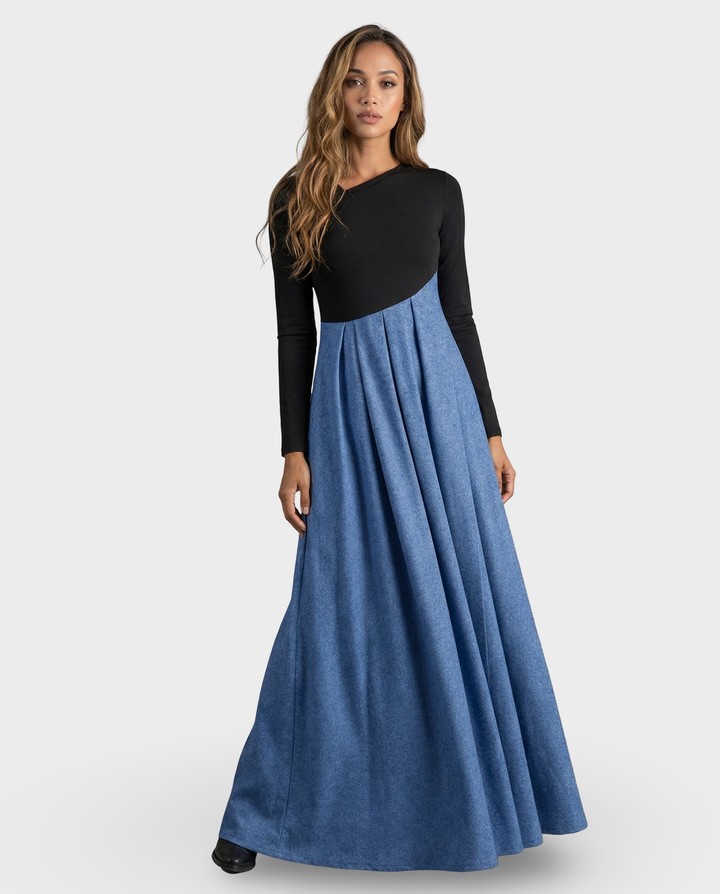 ELVARIS™|VESTITO LUNGO CONTRASTO BICOLOR CON GONNA AMPIA