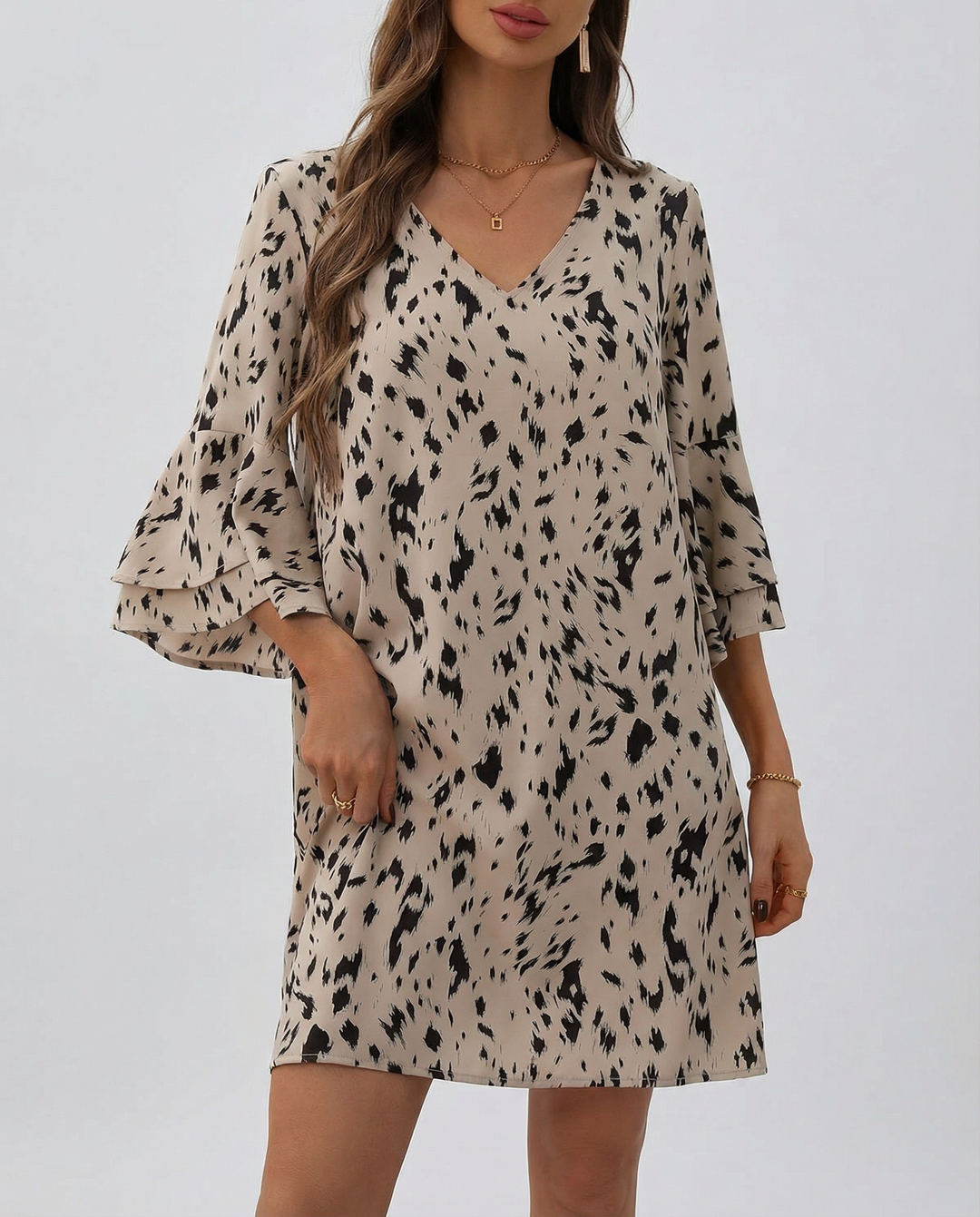 BIANCA™|VESTITO MINI STAMPATO CON MANICHE A BALZA