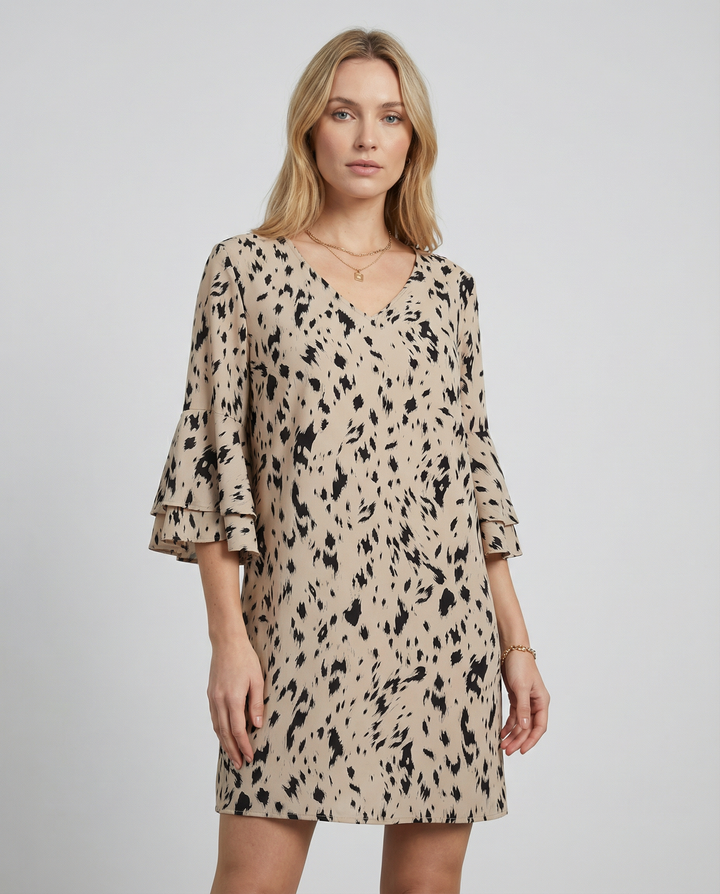 BIANCA™|VESTITO MINI STAMPATO CON MANICHE A BALZA
