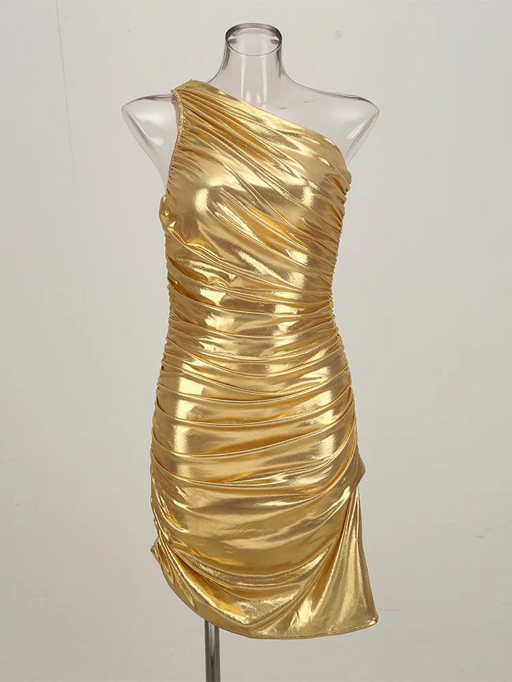 VELYRA™|VESTITO MINI MONOSPALLA ORO SCULPTO