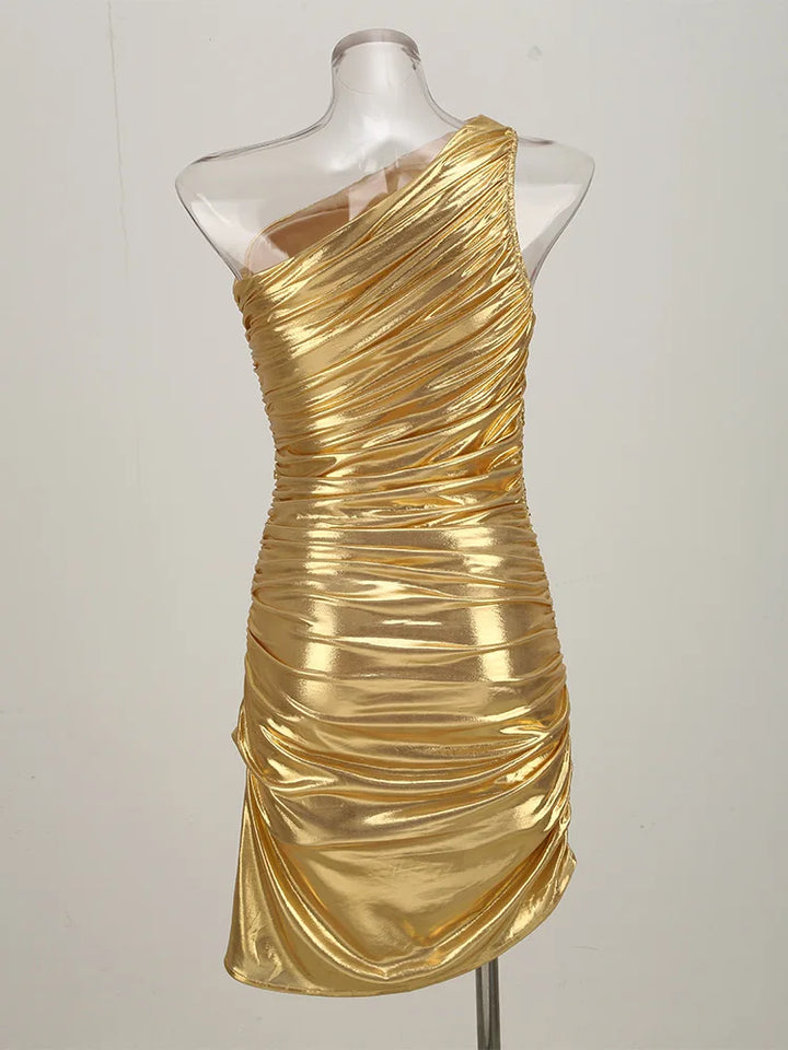 VELYRA™|VESTITO MINI MONOSPALLA ORO SCULPTO