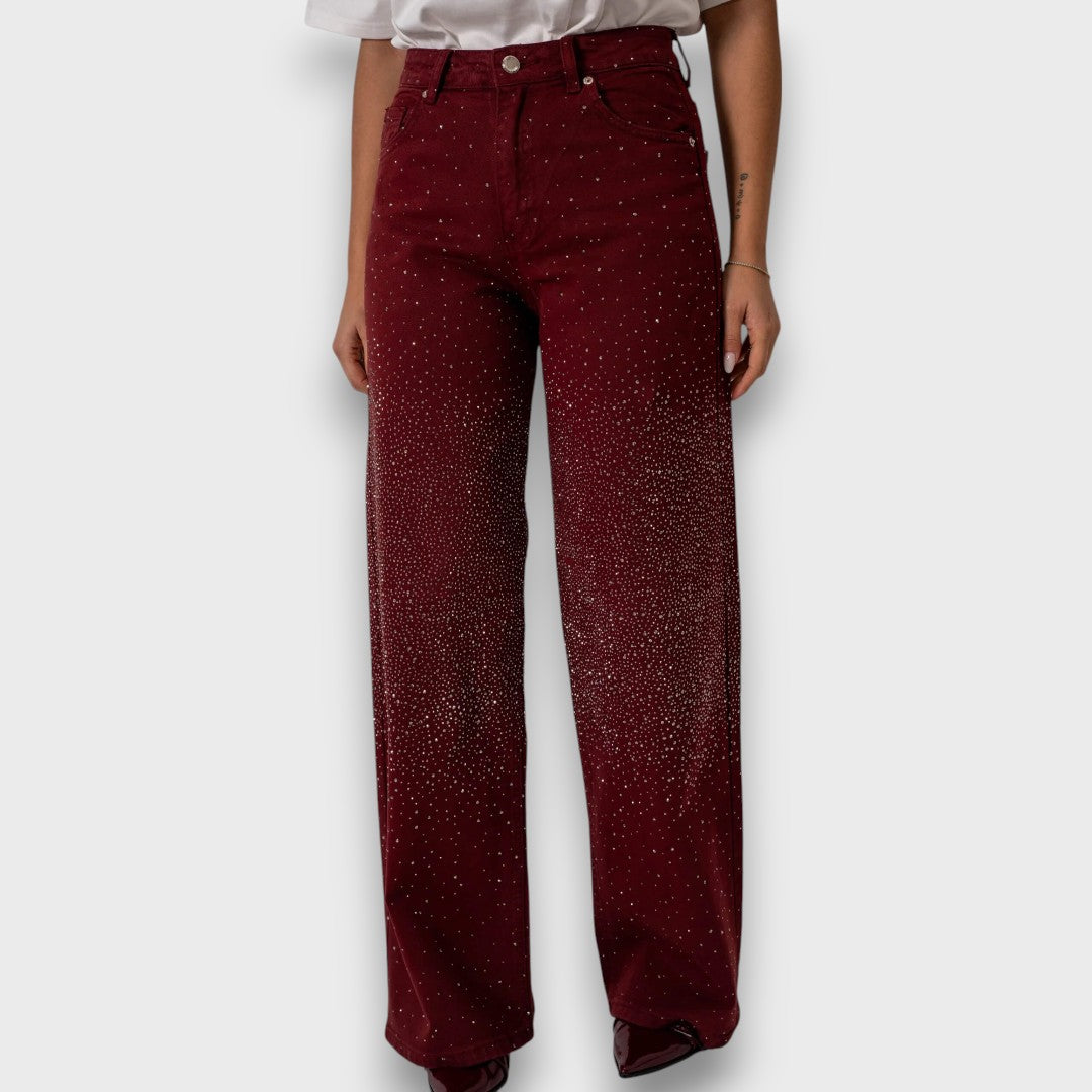 MARVIE™|JEANS A GAMBA LARGA CON STRASS IN BORDEAUX