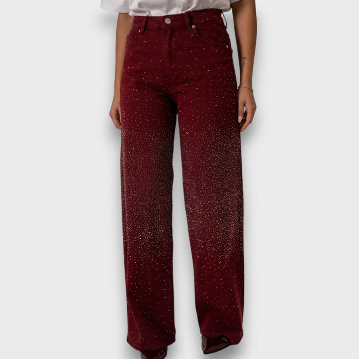 MARVIE™|JEANS A GAMBA LARGA CON STRASS IN BORDEAUX