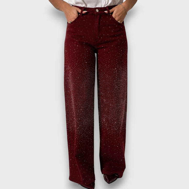 MARVIE™|JEANS A GAMBA LARGA CON STRASS IN BORDEAUX