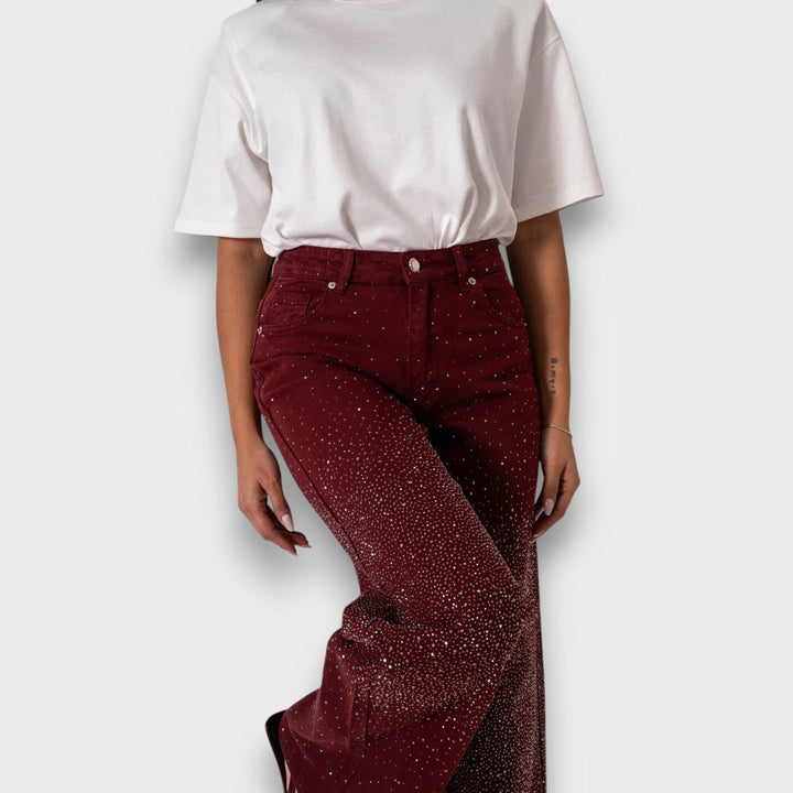 MARVIE™|JEANS A GAMBA LARGA CON STRASS IN BORDEAUX