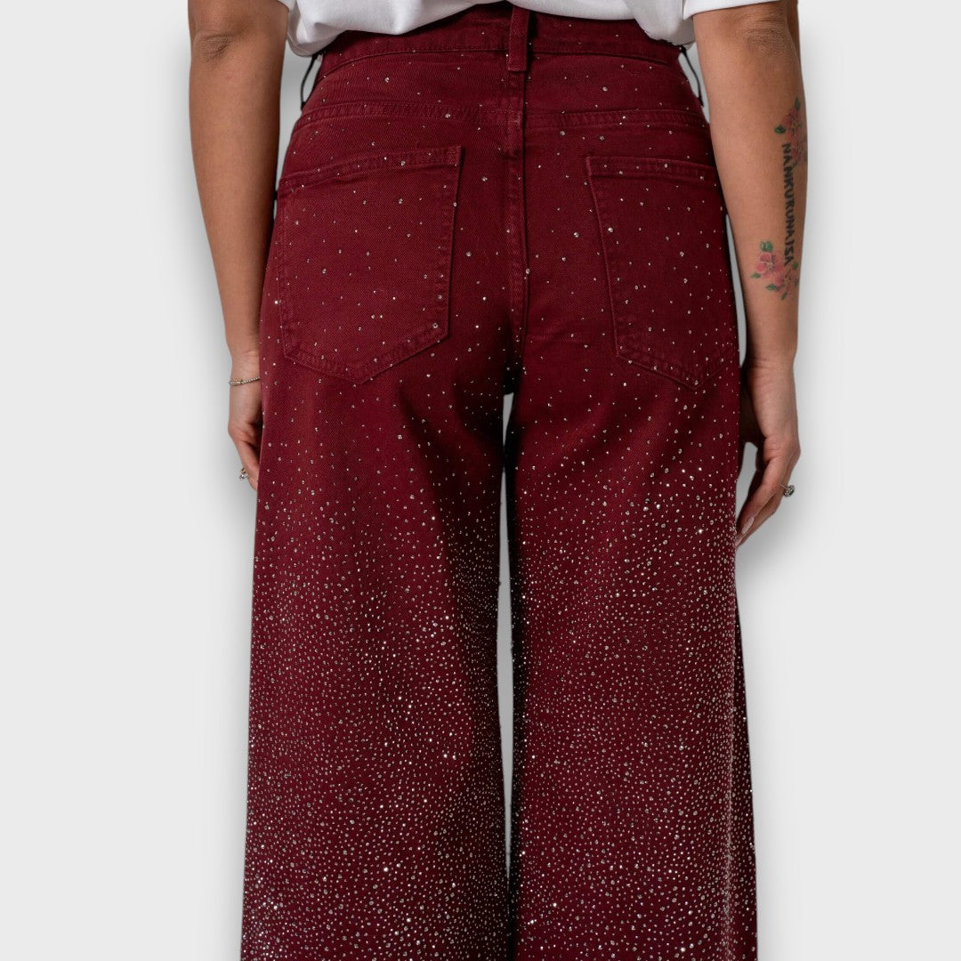 MARVIE™|JEANS A GAMBA LARGA CON STRASS IN BORDEAUX