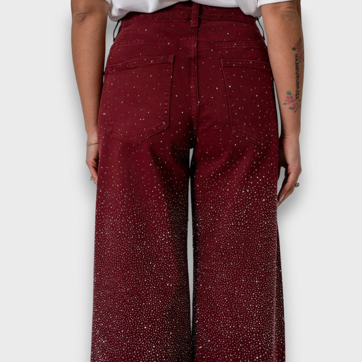 MARVIE™|JEANS A GAMBA LARGA CON STRASS IN BORDEAUX